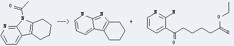 5H-Pyrido[2,3-b]indole,6,7,8,9-tetrahydro- can be prepared by 1-(5,6,7,8-tetrahydro-pyrido[2,3-b]indol-9-yl)-ethanone. The other product is 6-(2-amino-pyridin-3-yl)-6-oxo-hexanoic acid ethyl ester.